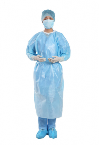 Blue CPE isolation gown 28g thumb loop